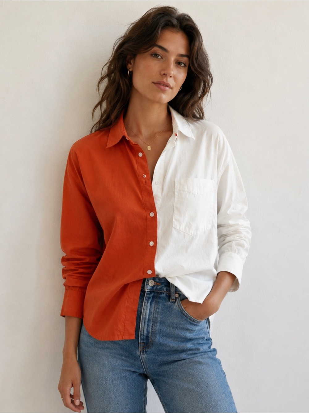 Anthropologie Colorblock Button-Down Shirt in White & Burnt Orange